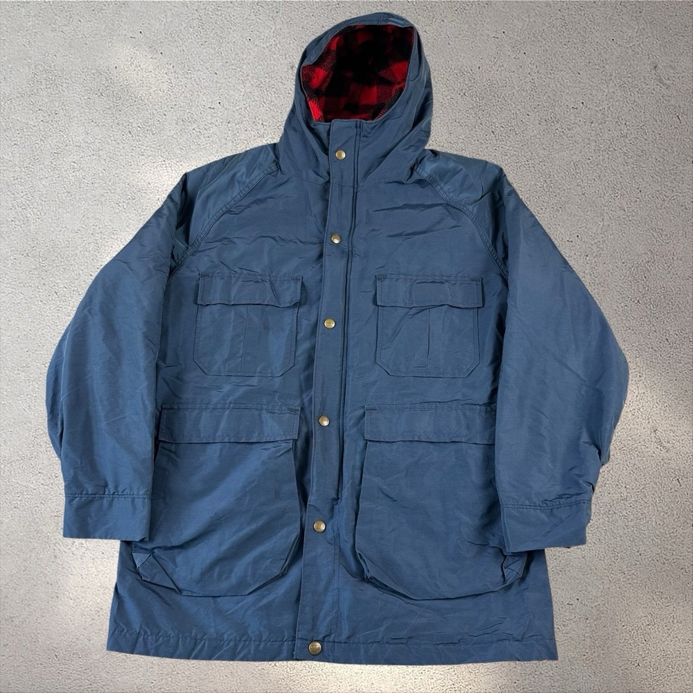 Vintage LL Bean Jacket Mens Medium Baxter State Parka Blue Plaid Wool Lined USA